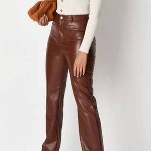 Chocolate Faux Leather Split Hem Pants by Missguided